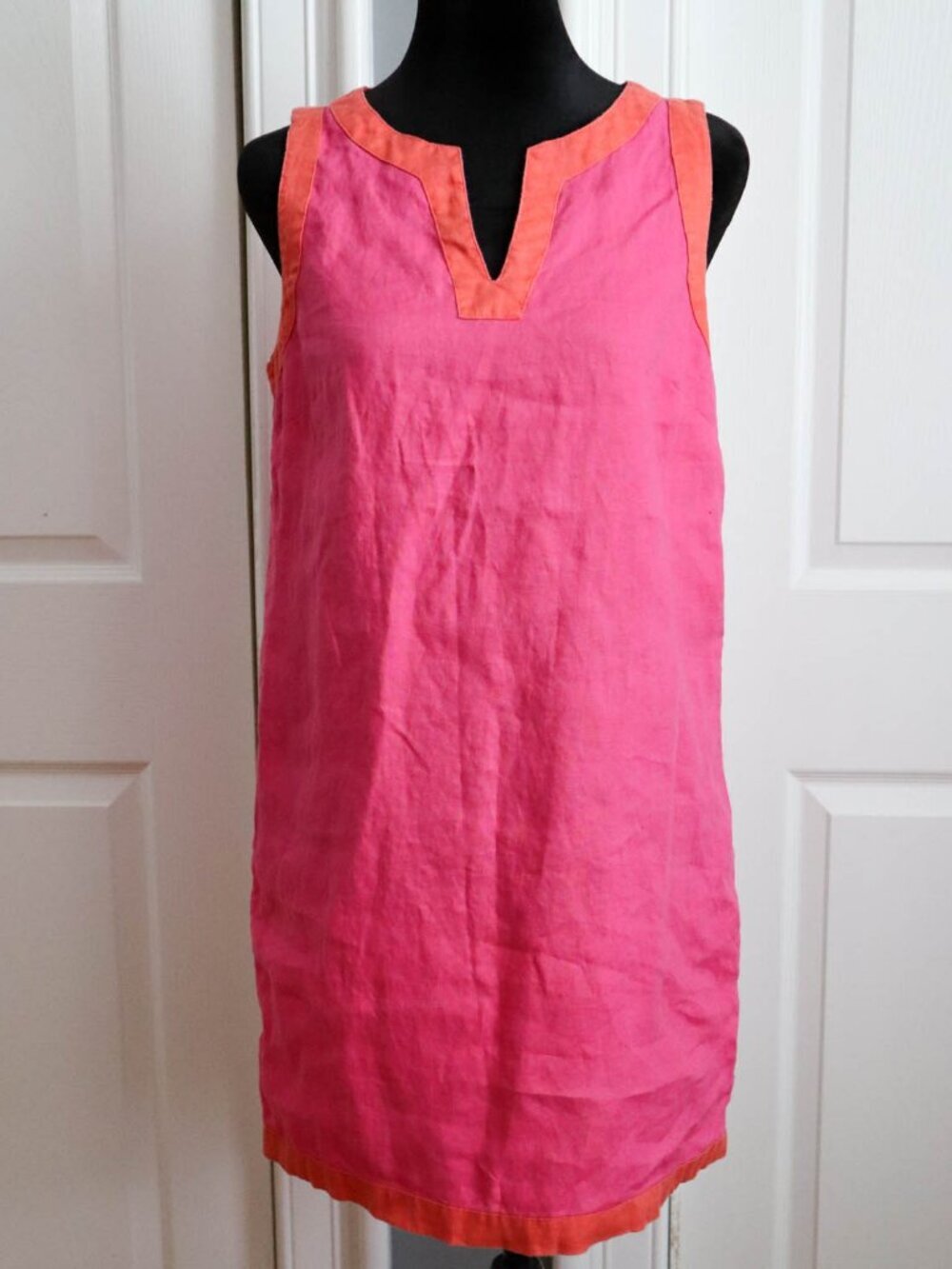 Sigrid Olsen 100% Linen Sleeveless Shift Dress Hot Pink Orange Sz S Resort Wear